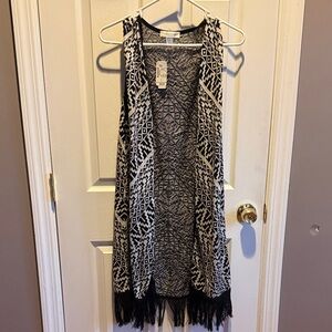 Christopher & Banks Black and White Geometric Fringe Sleeveless Open Vest